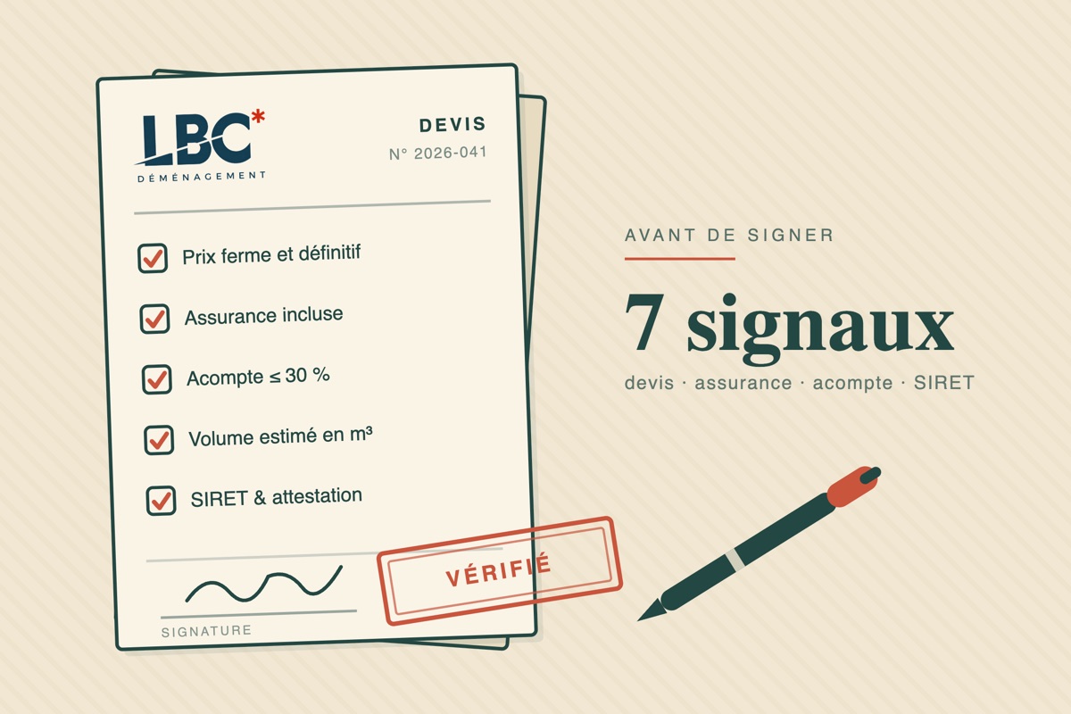 Devis de déménagement et les 7 signaux à vérifier avant de signer : prix ferme, assurance, acompte, SIRET