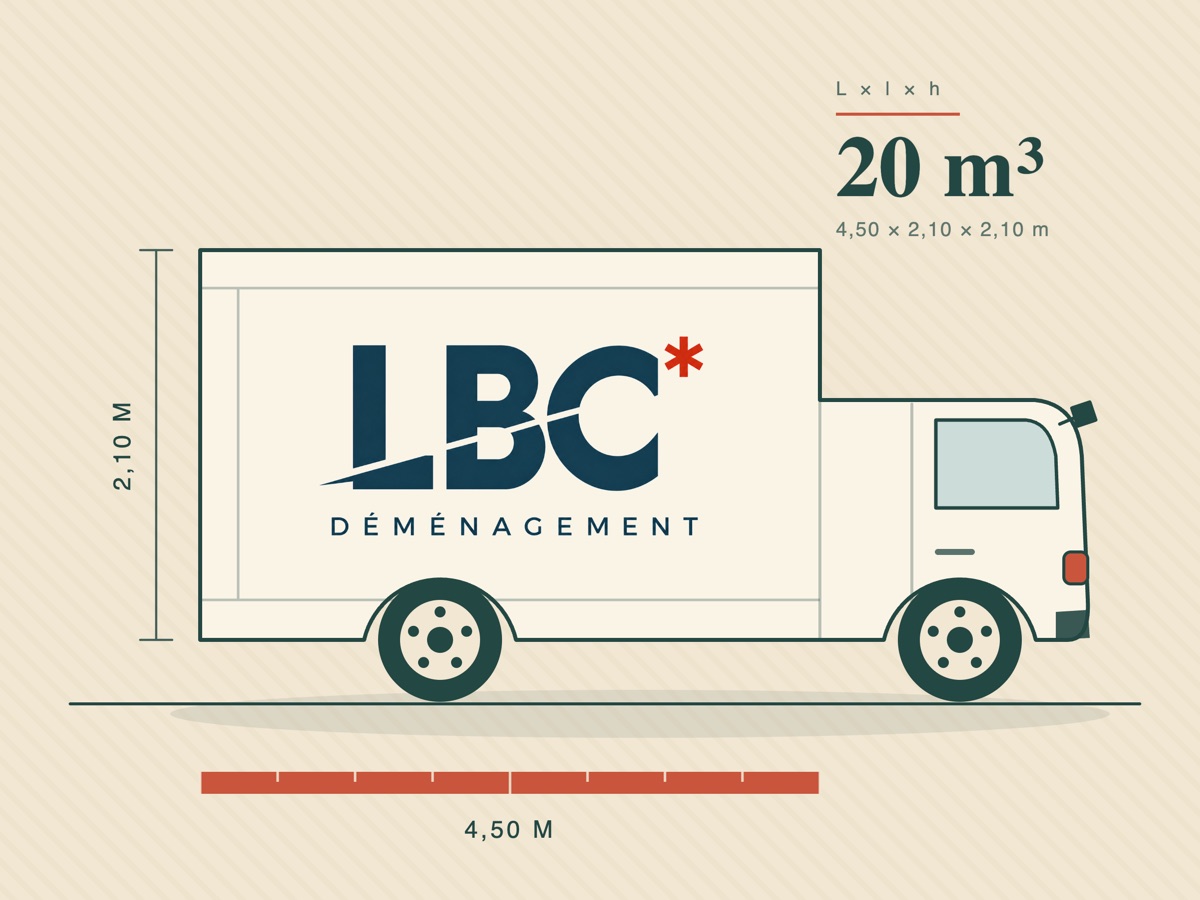 Camion de déménagement LBC de 20 m³ et ses dimensions : 4,50 × 2,10 × 2,10 mètres